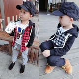 2015新款韩版冬装儿童装男童中长款格连帽加绒衬衫潮宝宝加厚衬衣