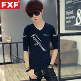 FXF青少年男士长袖T恤韩版修生V领套头打底上衣春装新款t恤衫潮男