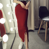 2015秋冬新款韩版系带开叉高腰针织修身包臀长裙一步裙毛线半身裙