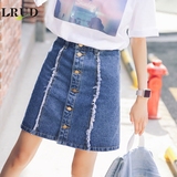 LRUD2016夏季新款韩版高腰毛边牛仔半身裙女单排扣显瘦牛仔短裙