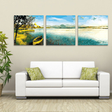 新品数字油画DIY手绘客厅大幅风景手绘三拼三联装饰画湖畔风光