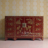 中式新古典传统红描金百子图八抽榆木餐边柜/实木电视柜/玄关定制