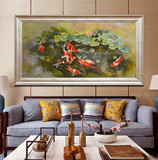 油画客厅装饰画花卉荷花鲤鱼有框画手绘写意中式餐厅玄关挂画