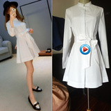 2015春新款女韩版中长款修身立领白衬衫a字连衣裙长袖衬衣打底裙
