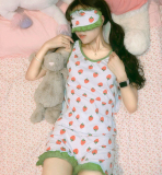 夏季新款女装可爱草莓甜美睡衣花边套装3件套背心+裤子+眼罩