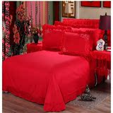 结婚纯色新款纯活性婚庆大红色全棉单件床单250纯棉床罩被单枕套