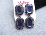 DIVA好质感蓝色呛黑色水钻满钻镶边长方块宝石防过敏耳钉耳环正品