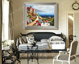 欧式手绘油画客厅装饰画 蓝色大海地中海小镇 海景画有框画花园景