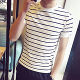 2016夏季男装纯棉短袖T恤男士条纹打底衫青少年修身圆领上衣