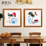 新中式餐厅背景墙装饰画简约客厅画水墨花卉古典壁画实木有框挂画