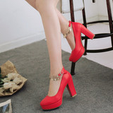 中式红色结婚鞋女夏季新款高跟鞋粗跟防水台女单鞋新娘鞋婚礼红鞋