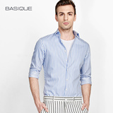 元本BASIQUE 2016夏新品蓝白条纹长袖衬衫男士修身休闲纯棉衬衣潮