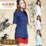 中国风纯棉盘扣女士改良唐装女夏装短袖中式衬衫民族风女式妈妈装