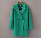 拉夏贝尔2015冬装新款中长款绿色大衣毛呢外套女