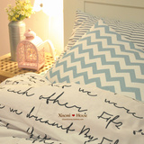 小清新简约字母白底蓝色条纹枕套中性全棉北欧风床单床上四件套