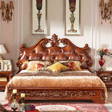 欧式真皮床 美式头层牛皮豪华2米双人大床 古典实木雕刻婚床