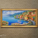 高档客厅大横幅风水海景有框装饰画欧式古典风景纯手绘地中海油画
