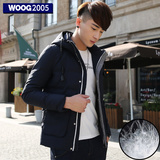 WOOG2005男士羽绒服2015冬季韩版修身青年加厚保暖蓝色连帽外套男