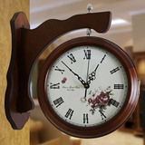 欧式钟表双面挂钟 实木两面挂表客厅田园静音双面钟装饰艺术时钟