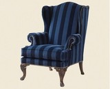 现货美式田园布艺单人蓝黑条纹沙发老虎椅新古典后现代高背伯爵椅