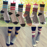 韩国袜子女冬季保暖毛线袜加厚粗线棉袜日系原宿风条纹中筒堆堆袜