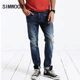 Simwood2016秋季新款欧美男士休闲微弹磨破修身小脚牛仔裤长裤男