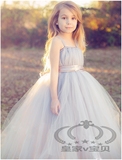 新款韩版女童摄影服装钢琴表演花童婚纱生日连衣裙银灰色儿童礼服