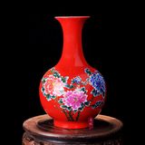景德镇陶瓷器 现代中国红牡丹花瓶花插 创意家居客厅装饰工艺摆件