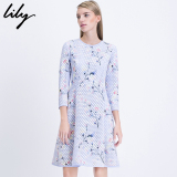 Lily2015春新款女装长袖圆领拉链印花修身显瘦连衣裙115110D7111