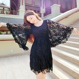 2016夏季新款韩版高腰长袖雪纺衫大码仙女衣修身喇叭袖蕾丝连衣裙