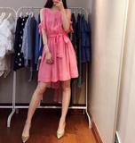 zara代购2015夏装新款女装 露肩系带中长款小香风夏季粉色连衣裙