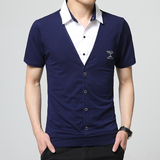 夏季青年男短袖T恤韩版修身休闲男装T恤衫男衬衫领假两件大码时尚