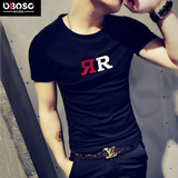 OBO夏装韩版黑色R字母短袖T恤男士修身潮男半袖紧身体恤衫男上衣