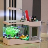 创意迷你多功能塑料小型生态水族箱 桌面笔筒USB照明灯LED鱼缸