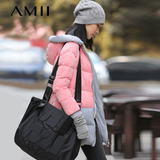Amii[极简主义]2015冬装拼色撞料大码中长款连帽羽绒服女