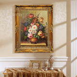 欧式古典花卉富贵牡丹纯手绘油画客厅有框装饰画玄关竖版单幅挂画