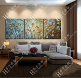 客厅纯手绘油画无框画沙发背景墙装饰画欧式抽象画三联画发财树