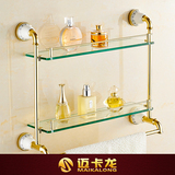 青花瓷卫生间浴室单层玻璃置物架壁挂金色双层化妆台架带毛巾杆架
