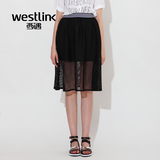 Westlink/西遇2016夏季新款 简约网纱中长款半裙高腰显瘦A字纱裙