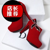 时尚性感红色拼色水钻内防水台超高跟圆头及踝大码单鞋婚鞋K1435