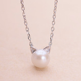 S925纯银饰品 时尚气质珍珠小猫锁骨项链吊坠女