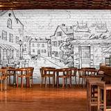 复古立体线描砖纹黑白壁纸咖啡西餐厅 欧美建筑艺术素描墙纸壁画