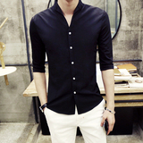 夏季韩版男士雪纺短袖五分袖衬衫 青年修身型5分袖衬衣V领寸衫潮