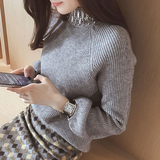 2016秋冬新款韩版纯色时尚灯笼袖套头毛衣女钉珠半高领打底针织衫