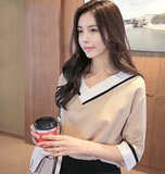 现货韩国代购Tomnrabbit夏季新款韩版V领条纹拼接宽松中袖女衬衫