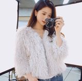 2015韩国代购Chuu冬新款韩版长毛绒绒加厚长袖圆领短款女夹克外套