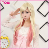 TC08款  米白粉色漂染 斜刘海长卷发头套Cosplay动漫彩色假发头套