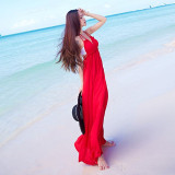 连衣裙夏装新款海边度假露背性感超薄比基尼罩衫大红色沙滩长裙