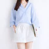 2016夏季新款韩版V领宽松格子衬衫后背扣小清新蝙蝠袖衬衣女上衣