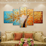 客厅装饰画沙发背景墙画挂画壁画手绘油画五联无框画立体发财树